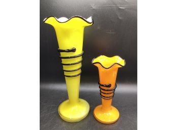 Opaline Yellow/black Vase & Loetz-style Orange/black Vases -set Of 2