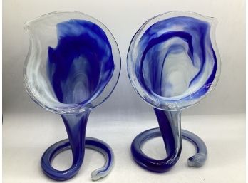 Hand Blown Glass Cala Lily Swirl Blue Vases -Set Of 2