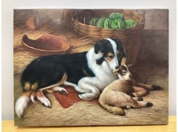 Portrait The Shepherd's Pet Collie Dog With Lamb Oil On Canvas Not Framed