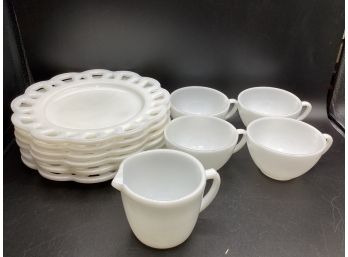Milk Glass Plates & Fire King Teacups And Creamer - Assorted Set Of 11 Pieces