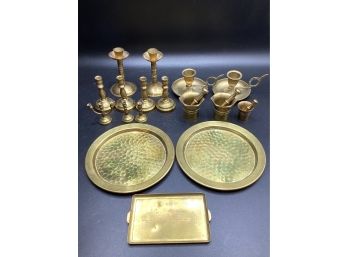 Brass Candlestick Holders, Plates, Mortar & Pestle - Assorted Set