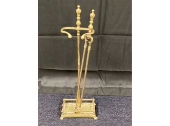 Brass Fireplace Tool Stand & Fireplace Tongs - Set Of 2