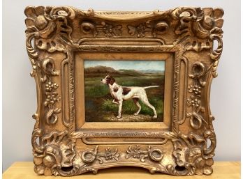 Antique Framed Oil On Canvas Of Pointer Dog Signed Huff