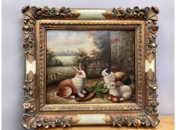 Oil On Canvas 3 Rabbits Eating By  K. Hartley Custom Framed Gold With Alabaster Style Accents