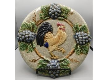 Decorative Ceramic Glazed Rooster/grape Pattern Plate With Metal Plate Stand