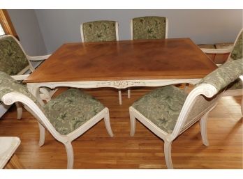 Custom Solid Wood Floral Pattern Dining Table With 6 Custom Upholstered Chairs