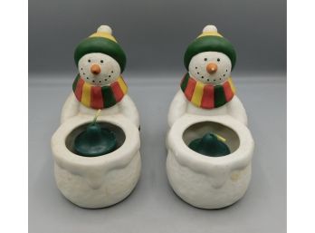 PartyLite Ceramic Snowman Tea Light Holder Figurines - 2 Total