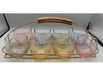 Mid-Century Multi Colorful Drinking Glasses With Wood Handled Carry Basket