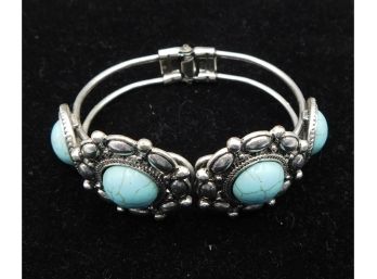 Silver Tone Costume Jewelry Bangle With Faux Turquoise Stones