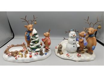 Party-lite Ceramic Reindeer Christmas Pattern Candle Holders - 2 Total