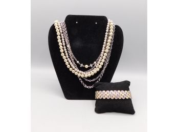 Lia Sophia Faux Pearl Necklace & Rhinestone Elastic Bracelet