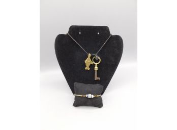 Brass Fish & Key Pendant Necklace With Bead Corded Bracelet