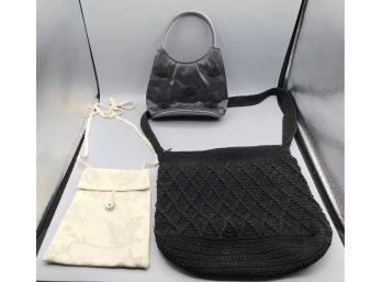 Black Woven Tote Bag, Black Rose Decorated Hand Bag & Metamorphose Creme Crossbody Bag