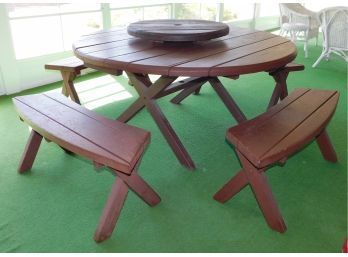 Outdoor Redwood Picnic Table With Lazy Suzan & Four Benches