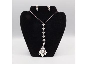 Lia Sophia Faux Crystal Dangle Pendant Necklace With Silver Tone Clip On Earrings