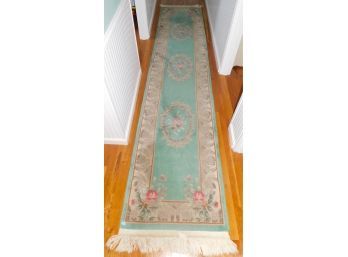 Green Floral Decorated Runner Wool Rug