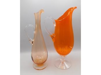 Orange Glass Pitcher Style Decorative Vases - Set Of Two