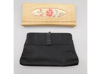 Tan Floral Decorated Squared Clutch Bag & Black Satin Lined Clutch Purse