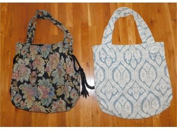 Black Floral Hand Bag With Blue & White Ornate Hand Made Tote Bag