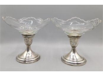 B-I Weighted Sterling Candlestick Holders With Glass Dish Attachments
