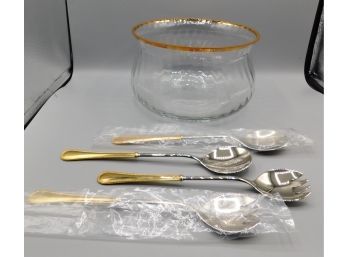 Gold Tone Trimmed Glass Bowl With Serving Utensils