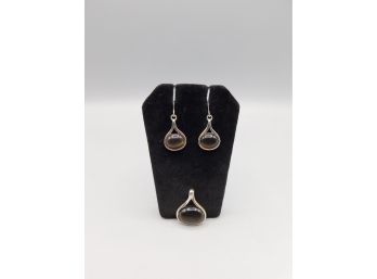 Silver Tone Faux Brown Stone Dangle Earrings With Matching Pendant