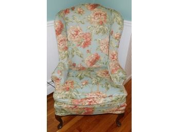 Aqua Blue With Pink Floral Print Vintage Wing Chair