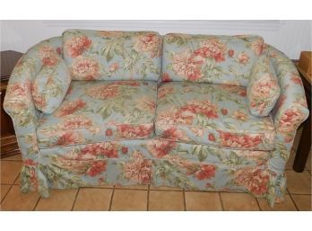 Aqua Blue With Pink Floral Print Vintage Loveseat Sofa