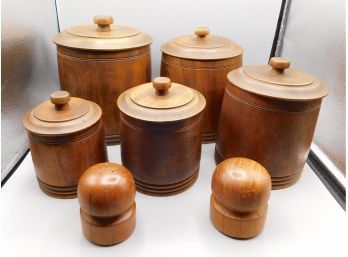 Vintage Mid Century Mort N Marton Wood Turned Canisters With Wood Salt & Pepper Shakers