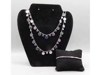 Lia Sophia Silver Tone Circle Charm Necklace With Silver Tone Beaded Bracelet