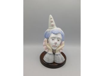 Meico Dreams Paul Sebastian Vintage Sad Jester Clown Head Porcelain Figurine Head With Wooden Figurine Stand