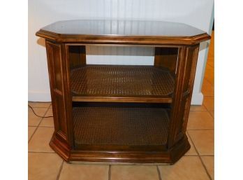 Wooden Vintage End Table With Wicker Woven Shelves