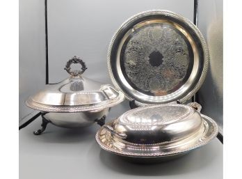 FB Rogers Silver Co Serving Tray, Footed Chafing Dish & Lidded Serving Dish