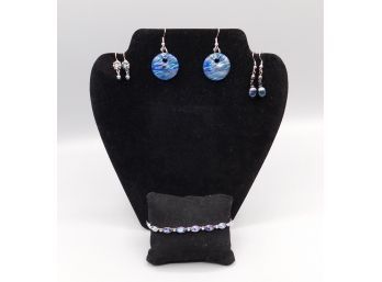 Blue Tone Dangle Earring Set With Blue Faux Stone Bracelet