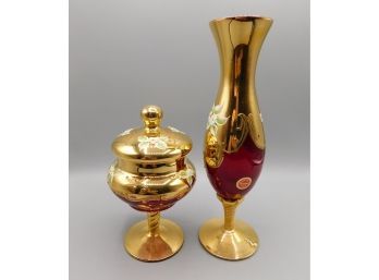 Murano Glass 24K Gold Decorated Italian Bud Vase & Pedestal Dish
