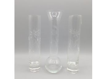 Floral Etched Glass Bud Vases - Set Of Three