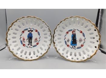 Vintage Amish Pierced Decorative Dish Set - Set Of Two