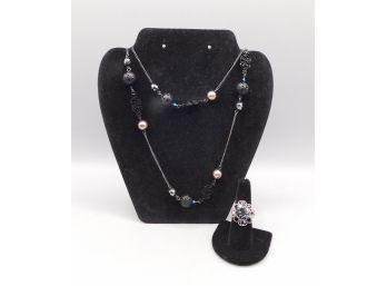 Lia Sophia Black Tone & Faux Pearl Necklace With Adjustable Size Rhinestone Ring