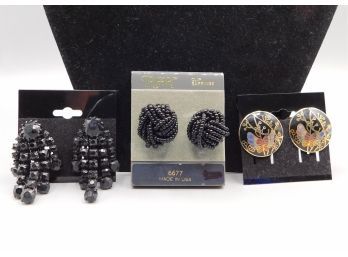 Trifari Black Beaded Knot Clip On Earrings With Butterfly & Black Dangle Rhinestone Clip On Earrings