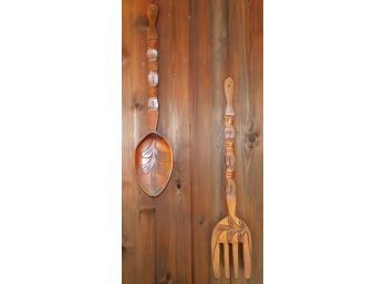 Hand Carved Wooden Fork & Spoon Hanging Wall Decor