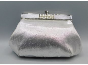 Silver Tone Faux Pearl Flower Clutch Hand Bag