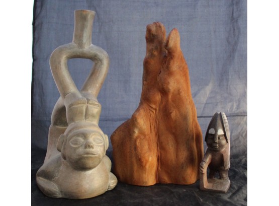 Ceramic Statue Made In Peru, 2 Wood Figurines (163)
