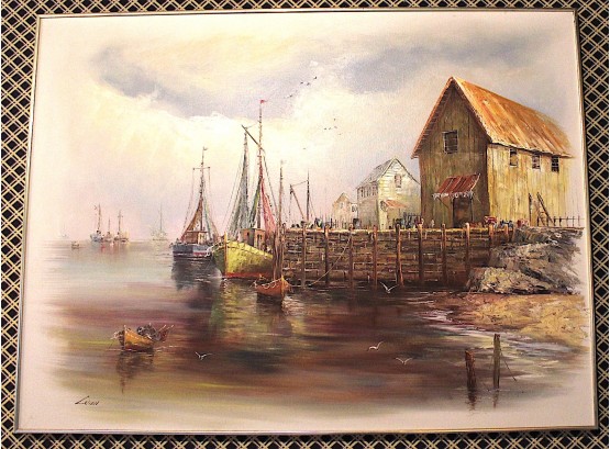 Original Oil Painting By Luini Seascape Harbor Scene Boats (050)