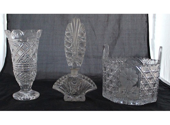 Etched Cut Glass Perfume Bottle, Vase, & Basket (187)