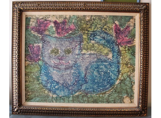 Framed Batik Cloth Of Grinning Blue Cat (114)