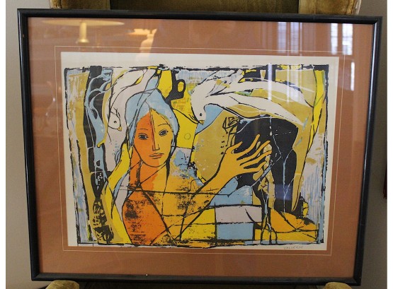Cesar Valverde Lithograph Woman With 2 White Birds Signed Costa Rican