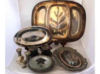 Assortment Of Silver Plated Platters, Dishes, Bowls, & Shakers (090)