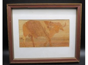 Water Buffalo Signed Wood Art, Framed