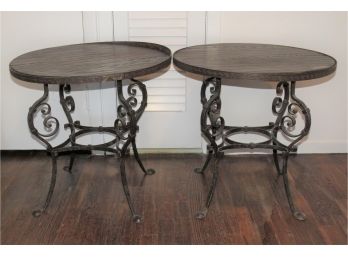 Round Side Table Wood/wrought Iron - Set Of 2