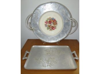 Limoges 'Triumph' Imperial Victorian 22K White Gold Dish With Wrought Farberware Aluminum  & Rectanglar Tray